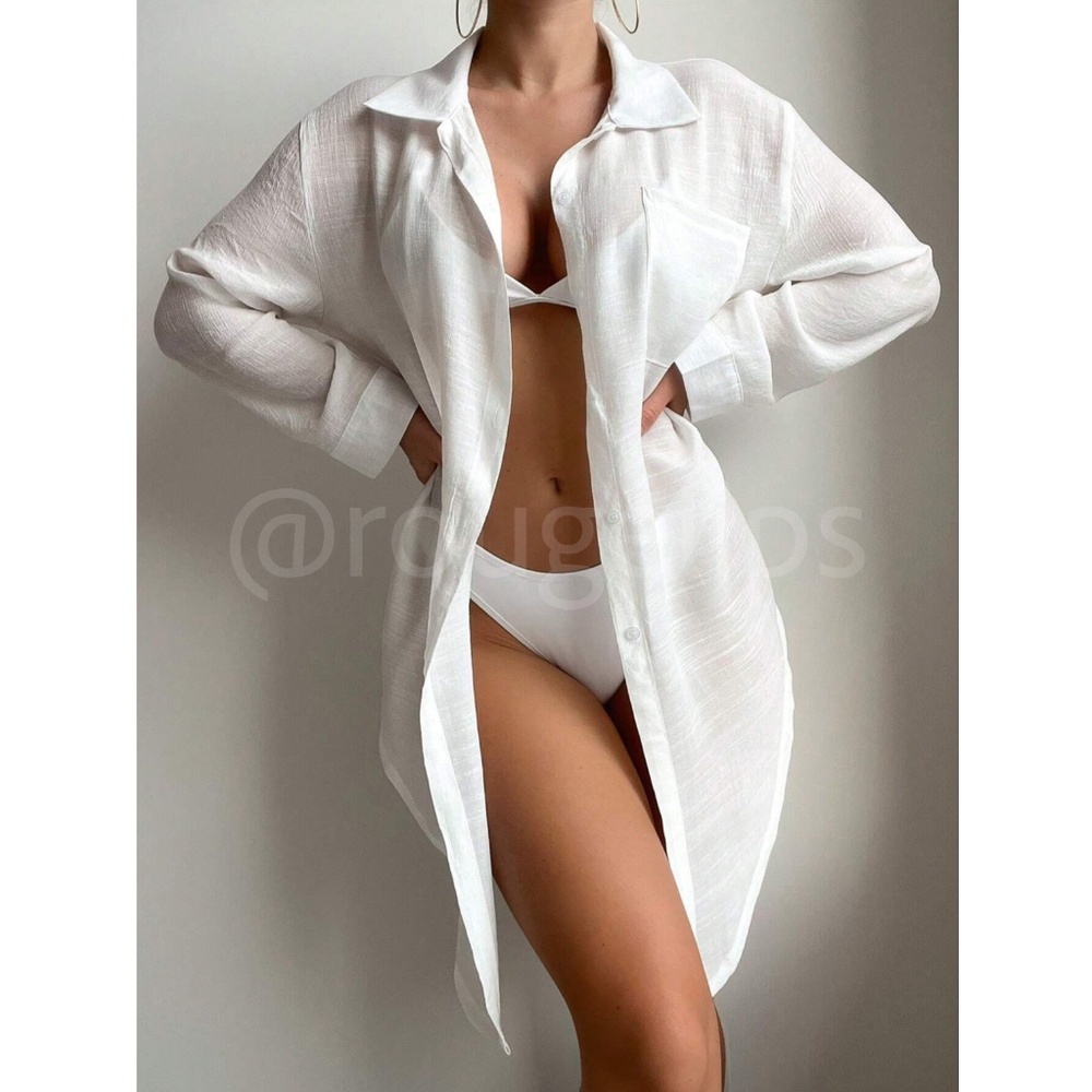 White Long Button Up Shirt Beach Coverup Long Sleeve